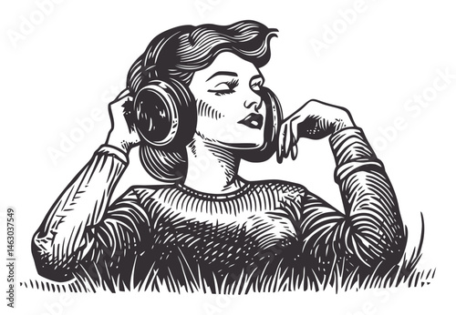 Stylish Woman Enjoying Music with Headphones in a Vintage Illustration