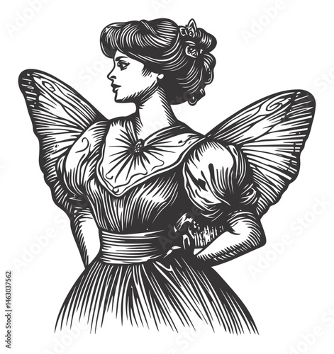 Elegant Fairy Woman with Large Wings in Vintage Engraving Style