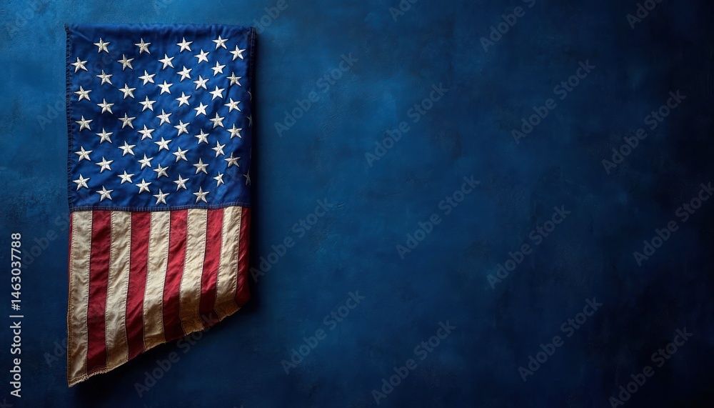 Obraz premium Vintage folded American flag with visible stars and stripes hanging on textured blue wall evoking patriotic and nostalgic feelings