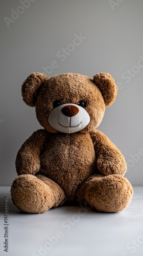 Plush bear Seated fuzzy teddy bear, gray background