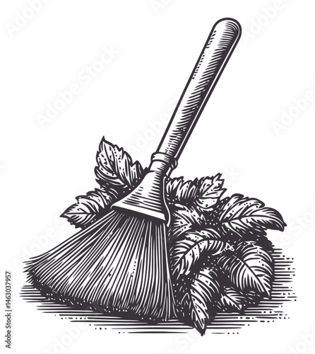 Vintage Style Broom with Leaves in Black and White Illustration