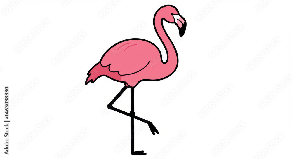 Obraz premium Cartoon flamingo standing on one leg in a simple and elegant design ideal for tropical themes and summer projects