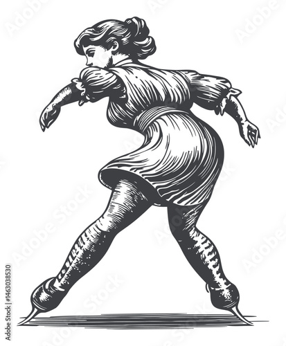 Vintage Vector Illustration of a Female Ice Skater in Motion