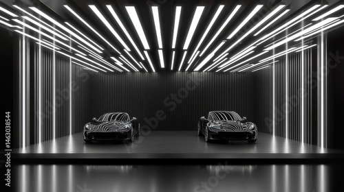 Two Luxury Sports Cars in Modern Garage with Neon Lighting Display