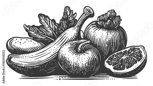 Vintage Hand-Drawn Illustration of Fresh Fruits and Vegetables Design