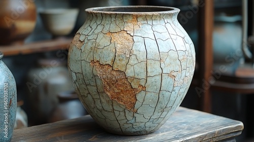 Rustic weathered ceramic pot with crackled glaze displayed on a worn wooden surface with shelf of pottery