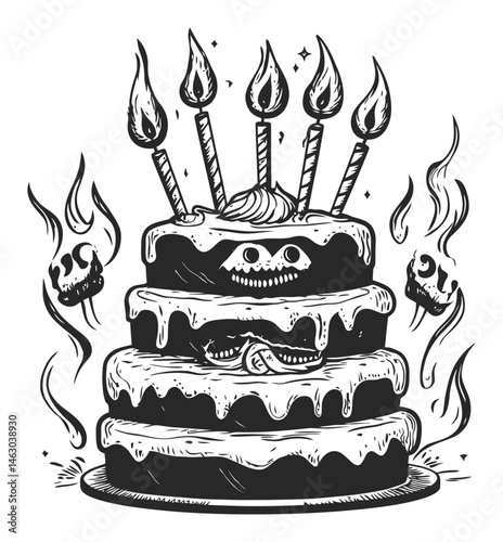 Spooky Halloween Cake with Candles and Ghostly Flames Design