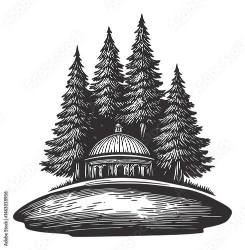 Elegant Vintage Illustration of Trees and a Dome Structure