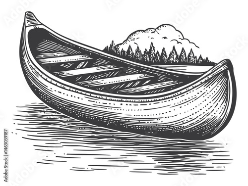 Vintage Hand-Drawn Boat Illustration on Calm Water Background