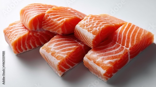Vertical arrangement of salmon slices, cleanly cut and lightly marbled, a subtle strip of skin shown, white background for contrast