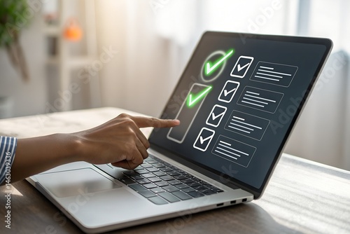 Digital document verification, Businessman using laptop and tablet to approve digital document, Review online forms,Quality assessments virtual checklist for performance tracking,Business management