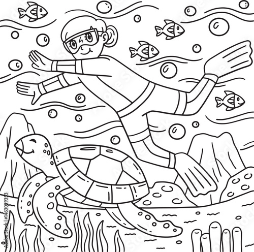 Swimming Girl with Turtle Coloring Page for Kids 
