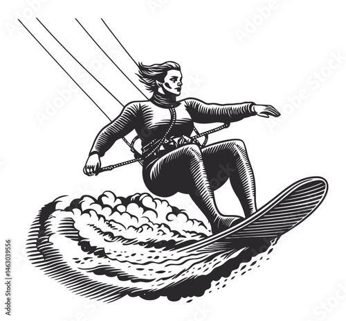 Dynamic Kitesurfing Scene Illustration with Powerful Waves and Energy