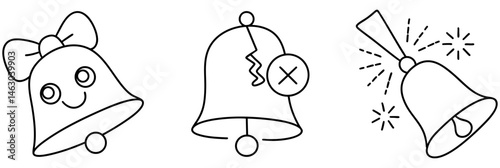 Cute notification bell icons with various expressions and designs create playful atmosphere. cheerful bell with bow adds charm