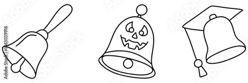 collection of three bell illustrations featuring traditional bell, spooky Halloween bell with face, and graduation bell