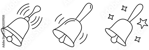 notification bell illustration featuring three distinct bell designs, each with unique motion lines and decorative elements