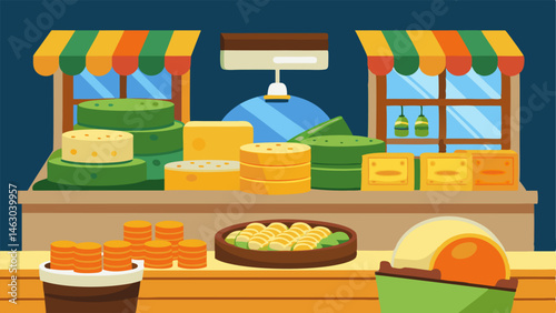 A section of the market dedicated to fresh cheeses with wheels of cheese stacked high and different types on offer.