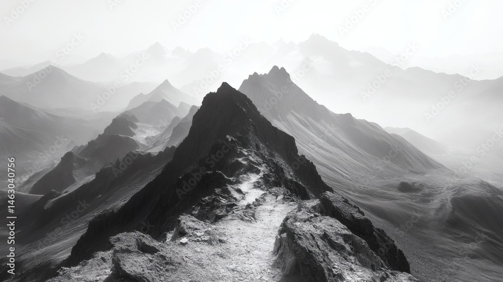 Fototapeta premium Black and white image showcasing a jagged mountain ridge with trails, towering peaks receding into atmospheric haze, panoramic view