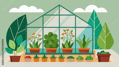 A section of the greenhouse dedicated to growing herbs and vegetables with a small garden bed and trellises for climbing plants.