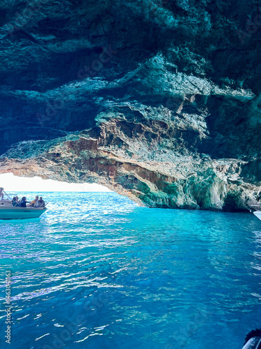 The Blue Cave near Herceg Novi, Montenegro, with its mesmerizing blue waters reflecting sunlight. A stunning natural wonder and popular destination.