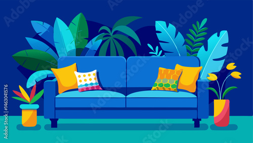 A vibrant blue sofa with colorful throw pillows in a room filled with tropical plants.