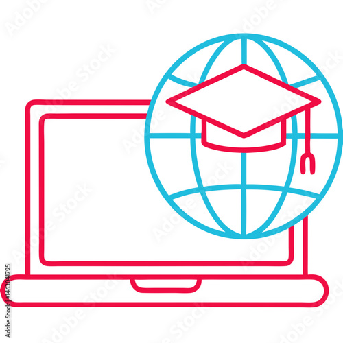 Vector Laptop and Globe with Graduation Cap Icon on Transparent Background