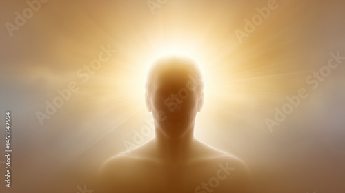 Enlightened figure radiating light against a hazy background  