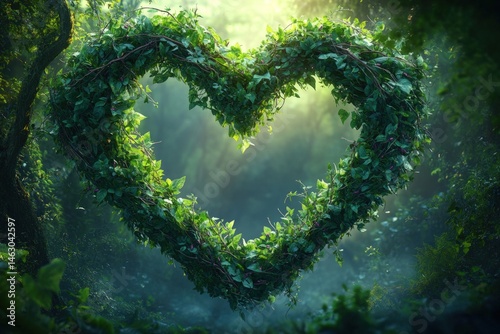 Heart-shaped vine wreath in a mystical forest