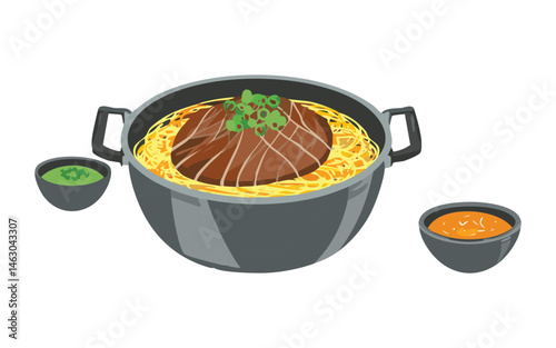 Beef Noodle Soup with Broth and Garnish - Vector Illustration