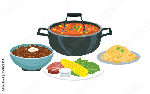 Beef and Vegetable Stew with Side Dishes - Vector Illustration