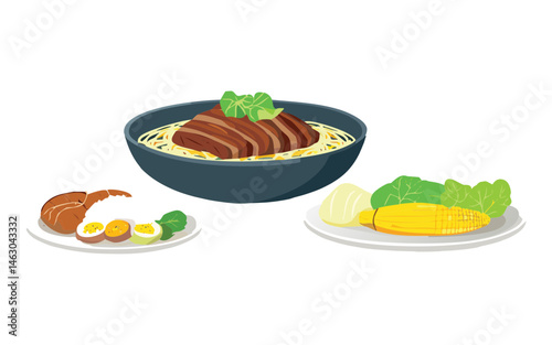 Beef Ramen Noodle Soup with Corn and Side Vegetables - Vector Illustration