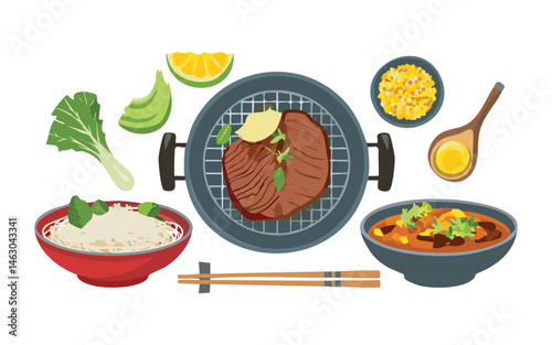 Grilled Beef Steak with Rice and Corn and Side Dishes - Vector Illustration