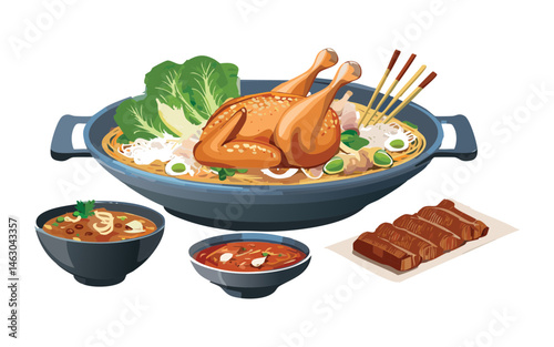 Whole Chicken Noodle Soup with Bok Choy and Side Dishes - Vector Illustration