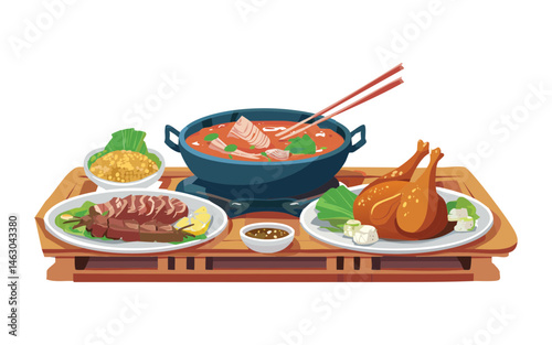 Soup with Chicken Drumsticks and Side Dishes - Vector Illustration