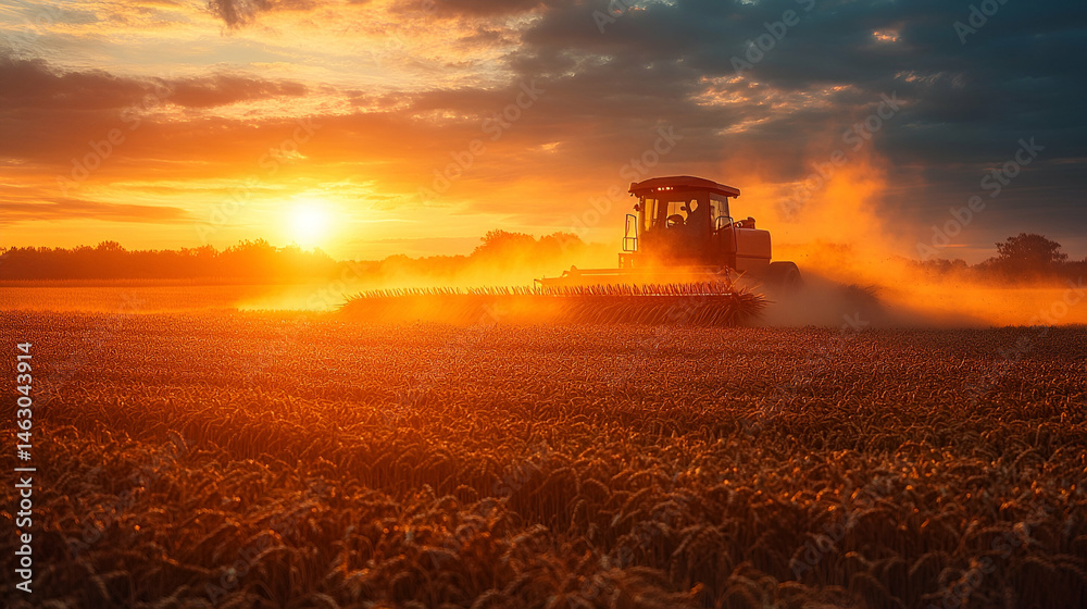 Fototapeta premium Harvest Tractor at Sunset in a Golden Wheat Field