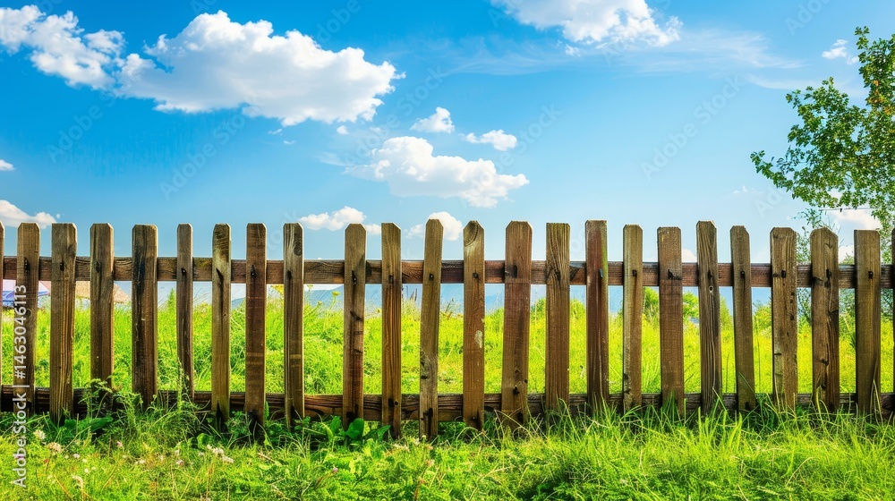 Obraz premium A rustic wooden fence embraces lush green grass, framed by bright blue skies, creating an idyllic garden scene.