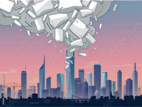 A city skyline with a large building in the middle and a cloud of white objects falling from the sky