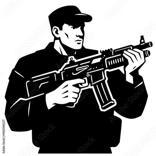 A black and white vector illustration of a security guard holding a rifle.
