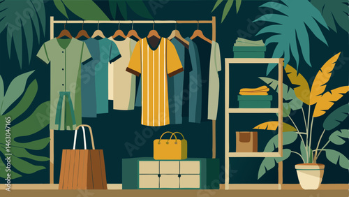 A walkin closet with a dreamy tropical wallpaper a bamboo clothing rack and woven baskets for storage.