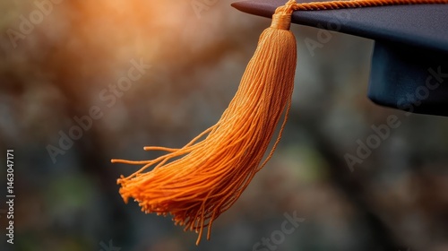 A close-up of a graduation cap adorned with an orange tassel, representing the culmination of hard work, achievement, and the bright future awaiting graduates as they embark on new journeys.