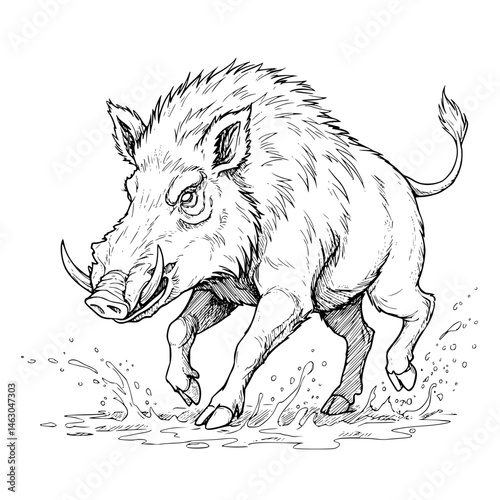 Detailed Wild boar running through water Line Icon - Simple Vector Outline in minimalistic black and white design 