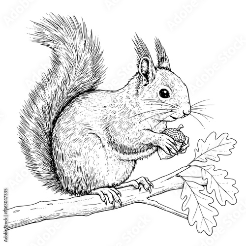 Eurasian Red Squirrel eating acorn on tree branch Line Icon - Simple Vector Outline in minimalistic black and white design  
