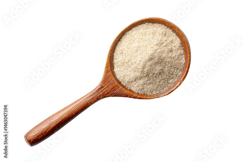 Wooden spoon filled with light beige psyllium husk powder up top pale food on transparent background