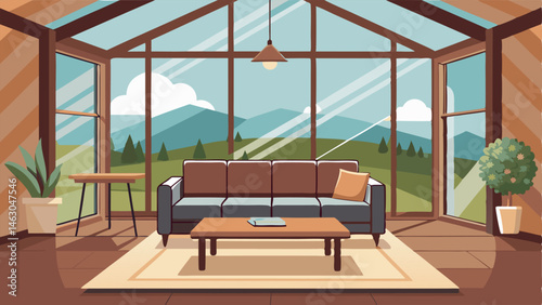 A sunroom with large windows showcasing an outdoor view and a mix of rustic and modern furniture including a plush leather couch and a wooden coffee table.