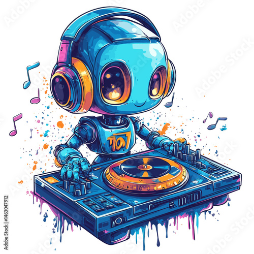 The music design incorporates a cartoon character, like a DJ or musician, in a vibrant and lively style, characterized by bold and bright colors, Stocke