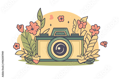 Whimsical World Photography Day is captured through an illustration of a camera with leaves, created in a flat color art style that embodies simplicity and cuteness on a white backdrop
