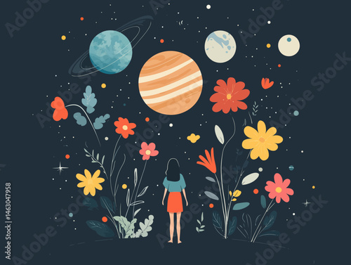 In a flat design illustration, planetary orbits are intertwined with floral designs, while a meteor is visible in the background and human figures are merged with leaves