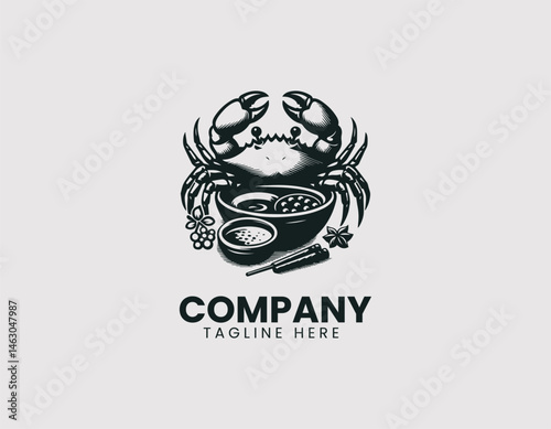 Flat vector logo of cooked crab on a plate with sauce and spices. Cartoon food illustration for gourmet seafood menus and restaurant branding.