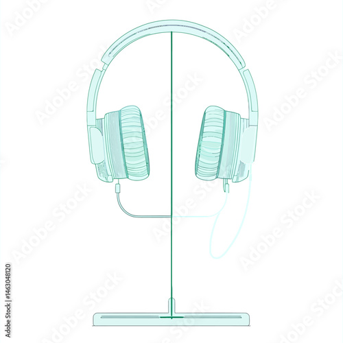 A cyan-colored illustration of modern headphones is shown as a cartoon icon