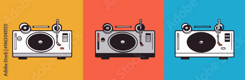 Modern symbols of turntable icons are illustrated in a flat and simple style using thin line black color